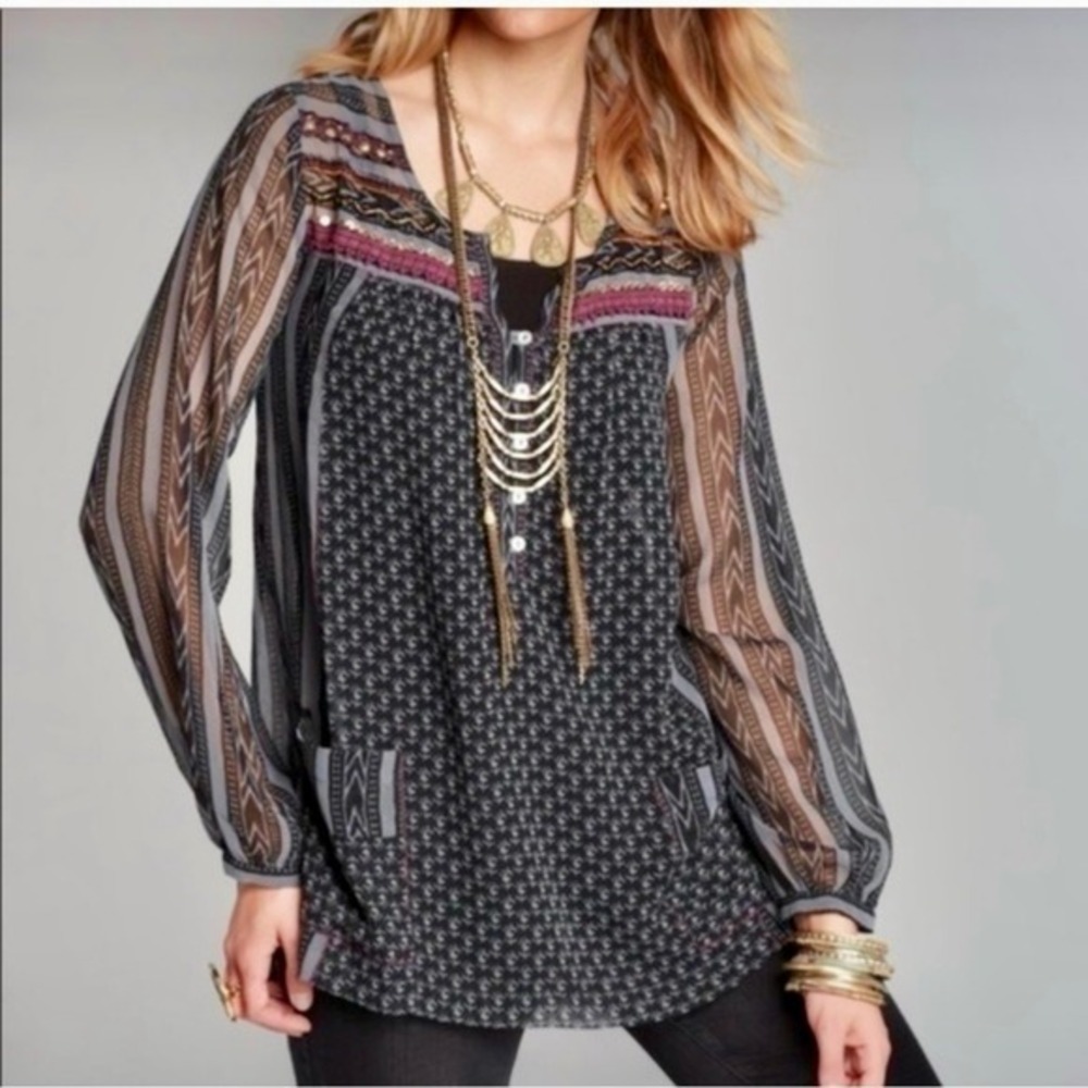 Free People Boho Beaded Embroidered Tunic Blouse Sheer Long Sleeve Print Pockets
